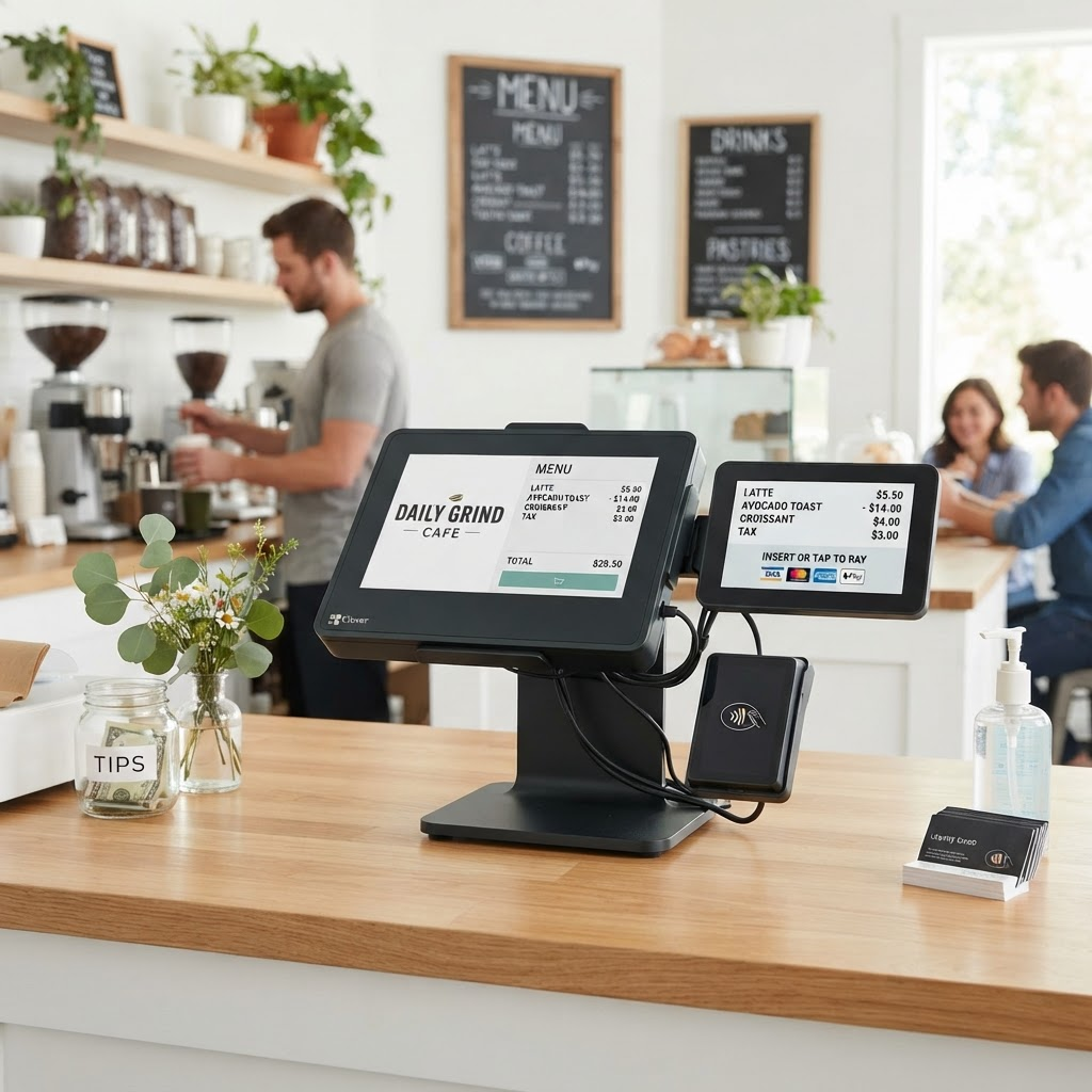 Sleek modern touchscreen POS with customer display and tap-to-pay reader