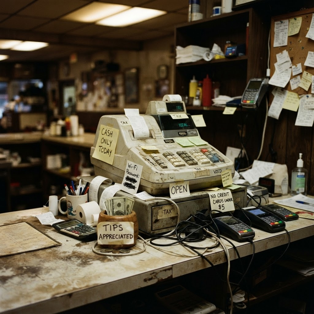 Cluttered old cash register counter with tangled cables and paper signs