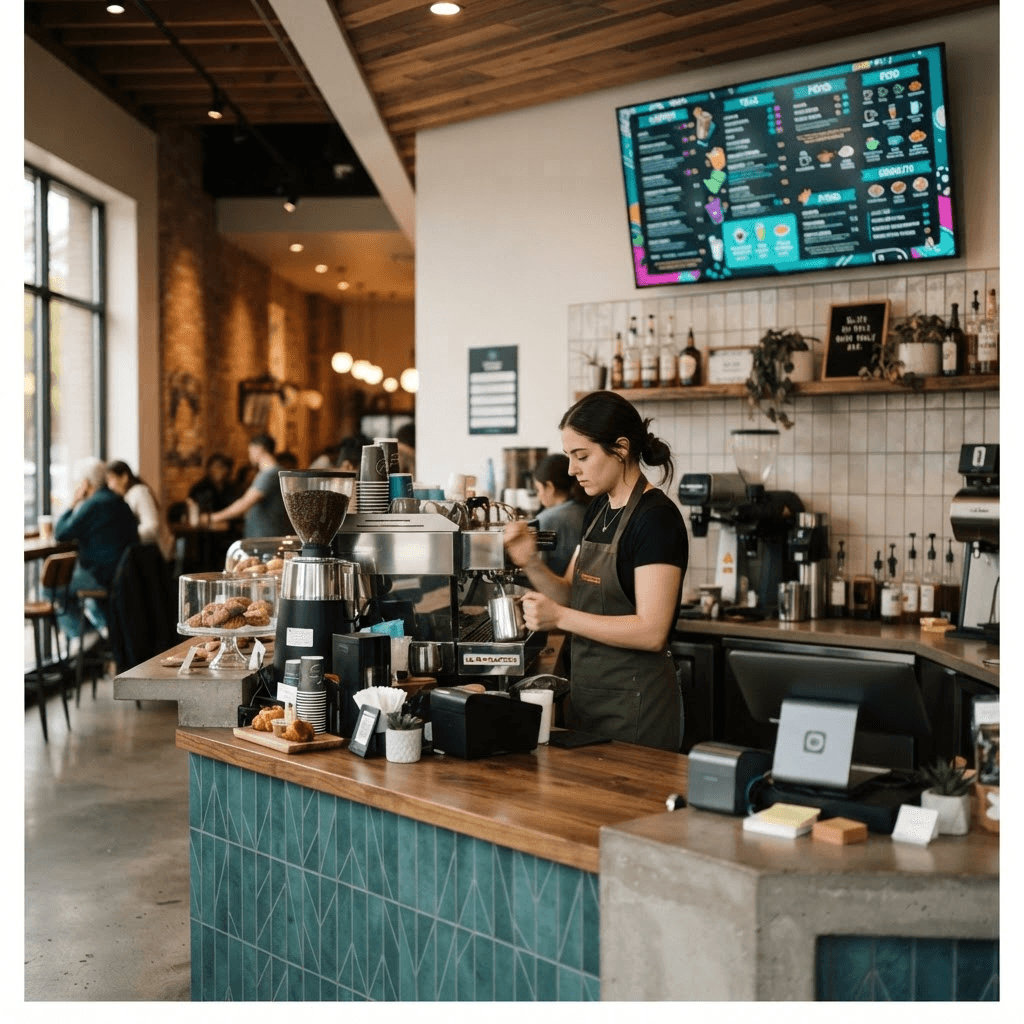 Digital menu board display above a modern cafe counter with a barista working