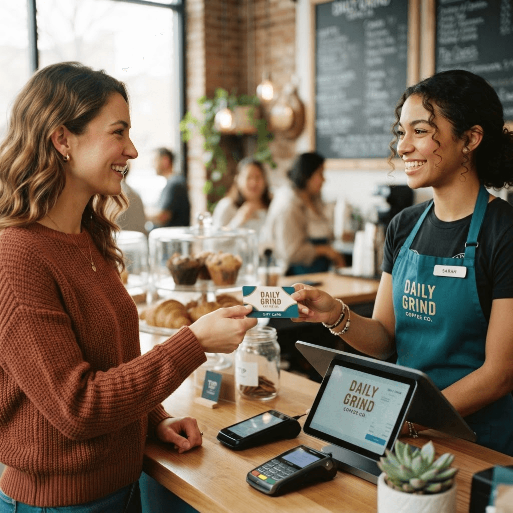 Customer handing a branded gift card to a friendly cashier at a coffee shop