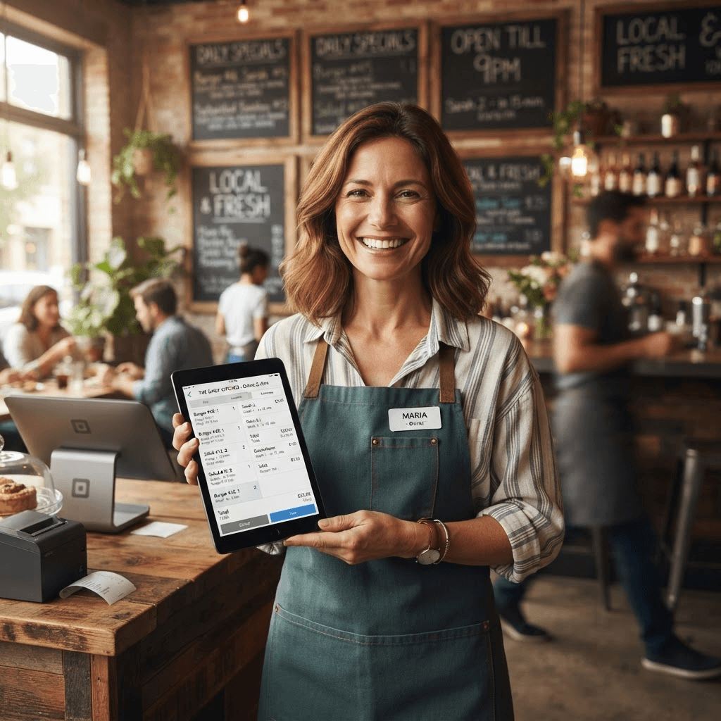 Restaurant owner taking an online order on a tablet at the counter