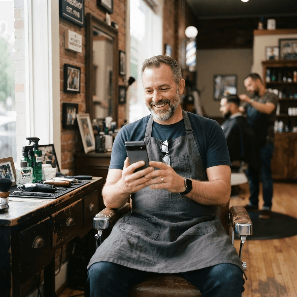 Happy barbershop owner smiling at a 5-star review on his phone